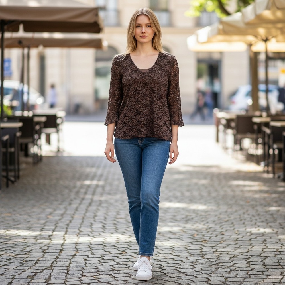 Brittany Black Floral Embroidered Brown Top Flutter Sleeve Large Fairy Grunge
